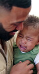 Home, father and comfort crying baby from wake up, moody infant and hungry. Single dad, man and attention to sad kid for growth development, emotional child and console with parenting and connection
