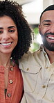 Face, couple and bonding in home, laughing or chilling in lounge, romance or affection in apartment. Happy, man and woman in house, together and love in living room on break, relax and hug on weekend