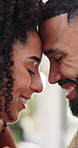 Happy couple, forehead and love with touch for commitment, romance or bonding in home. Man, woman or lovers with smile, trust or embrace for compassion, trust or support together in comfort or house