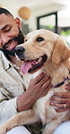 People, happy and dog in home with stroke, comfort and love for pet in living room. Couple, support animal and Golden Retriever in house with cuddle, scratching and trust development after adoption