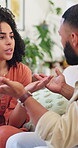 Frustrated, conflict and couple with argument on sofa for cheating affair, liar or toxic marriage. Angry, divorce and people with disagreement in home for infidelity accusation, betrayal or questions