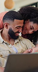 Remote work, family and man with baby, laptop and dad with project in house, love or care for child. People, mom and father of infant in living room, freelance or bonding with son in home or together