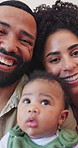 Happy, selfie and face of parents with baby in home for bonding, social media and memory together. Family, pov and portrait of mom, dad and child take photo for profile picture, online post and love