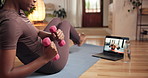 Woman, fitness and laptop with dumbbell for online tutorial, workout or exercise on mat in home. Back view, female person or core training with twist or computer for virtual class, health or wellness