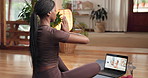 Breathe, yoga mat and person in home on laptop for meditation, online tutorial and mindfulness. Prayer hands, computer and girl with calm, zen and peace for wellness, mental health and virtual lesson