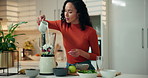 Woman, blender and fruit with milk for smoothie, organic diet and process for wellness in kitchen. Person, machine and nutrition with ingredients for detox, gut health and prepare drink at house