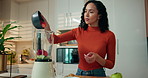Woman, fruit and kitchen with blender for diet, nutrition or natural organic drink in home. Female person, nutritionist or weight loss with milkshake or smoothie for vitamins, fiber or wellness
