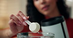 Hands, powder and blender for health shake, diet or protein supplements for wellness at home. Person, machine and container for ingredients, nutrition or self care with smoothie for benefits at house