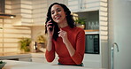 Happy, woman and gossip in kitchen, phone call and discussion with contact in home or communication. Talking, person or explaining news with mobile, conversation or smile for chat on weekend in house