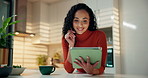 Home, online reading and woman with tablet, kitchen and social media with email, app and connection. Apartment, technology or person with internet, chatting and website info with planning or thinking