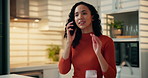 Woman, drinking smoothie or phone call in kitchen for freelance nutritionist, meal plan or advice. Remote work, person and talking to client for health tracking, review progress or discussion in home