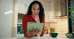 Stress, woman and shock with tablet in home for phishing scam, bad news and connection fail. Tea, frustrated person and surprised with digital app in kitchen for spam, 404 error or fraud notification