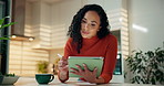Home, online reading and woman with tablet, stylus and social media with email, app and planning. Kitchen, tech or person with internet, chatting and website info with connection and subscription