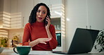 Laptop, phone call and remote work with woman in kitchen of home for discussion or networking. Computer, conversation and planning with freelance employee in apartment for morning communication