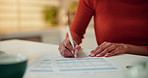 Woman, hands and writing with documents for finance, budget planning or checklist in home. Closeup, female person or accountant with financial invoices for bills, mortgage expenses or salary in house