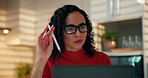 Woman, laptop and thinking with remote work from home for article review, proofreading or insight. Person, journalist or writer with computer, editing process and feedback for virtual newsletter