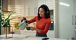 Headphones, coffee and woman with smile, dancing and listening to music, start day and sound. Herbal tea, house and person with happiness, headset and song with energy and digital app for audio
