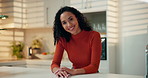 Happy woman, face and freelancer in kitchen with confidence for health and wellness in home. Portrait, female person or housewife with smile for weekend break, holiday or hospitality service in house