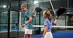 Sport, practice and children with racket, fitness or training for padel tournament and conversation. Lesson, boy and talking to girl for exercise, growth and development of kids, wellness or active