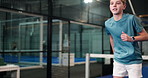 Court, padel and kid warm up for training preparation, cardio or running for fitness. Tennis club, boy or teen child getting ready for exercise, sports and agile for health with lateral touch drill