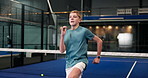 Court, padel or child warm up for exercise preparation, cardio or run with jump for fitness. Tennis club, boy or teen kid getting ready for training, agile or sports drill for health with lateral jog