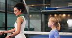 Court, fitness or padel with coach and kids at venue together for instruction, skill or technique. Exercise, lesson or sports with boy, girl and woman in club for course, development or learning