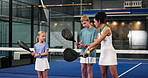 Fitness, lesson or padel with coach and kids on court together for instruction, skill or technique. Club, exercise or sports with boy, girl and woman at venue for course, development or learning