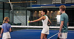 Court, exercise or padel with coach and kids at venue together for instruction, skill or technique. Fitness, lesson or sports with boy, girl and woman in club for course, development or learning
