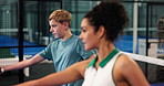 Padel, coach and child with learning on court for swing practice, technical instruction or advice. Sports, instructor and people at club for junior coaching, coordination exercise or performance tips