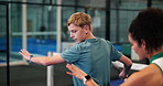 Woman, kid and court for padel lesson with instructions, demonstration and serve advice. Coach, help and teenager with racket guidance for technique, sports tips and learning skills for fitness game