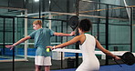 Padel, coach and kid with learning on court for swing practice, technique instruction and helping. Sports, instructor and people at club for junior coaching, coordination training or performance tips
