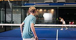 Practice, coach and kid with padel on court for training, shot selection or technique development. Back, instructor or people at indoor club for junior coaching, learning game strategy or performance