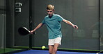 Court, padel and serve with fitness, boy and training with competition, playing or ball. Youth tournament, tennis player or athlete with wellness, practice or game with exercise or health workout