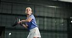Padel, practice and training with girl on court for child development, fitness or sports. Course, exercise and lesson with kid athlete at club venue for game, match technique or skill repetition