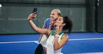 Padel tennis, happy child and coach with selfie for smile, post and practice at sports club. Training, picture and social media for game lesson, fitness and peace sign of woman and girl in court