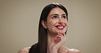 Beauty, smile and thinking with woman on studio background for dermatology ideas or vision. Cosmetics, planning and skincare wellness with happy model on space for facial results or satisfaction