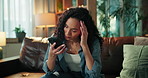 Voice recognition, upset and woman with phone on sofa in home for contact, networking or connectivity. Cellphone, disappointed and person on mobile conversation with loudspeaker in living room.