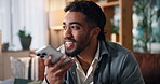 Happy man, conversation and discussion with speaker phone for audio message or recording in home. Male person, talking or speaking with mobile smartphone for chat, vocal app or voice note in house