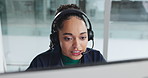 Help desk, woman and customer service agent in office with headset for crm, assistance or call center. Talk, mic and female tech support consultant with contact for business advisory in workplace.