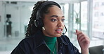 Call center, woman and technical support agent in office with headset for crm, assistance or helpdesk. Talk, mic and female customer service consultant with contact for business advisory in workplace