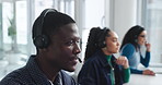 Headset, people and consulting with advice in call center for customer service, FAQ or online query. Contact us, agent or guide client with technical support, issue resolution or help desk assistance
