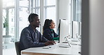 Contact center, help desk and people on computer for tech support, crm or coworking with feedback. Omnichannel callcenter, reading or man consulting for IT query, problem solving and customer service