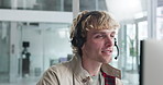 Call center, help desk and man on computer for feedback, tech support or software query. Contact us, headset and happy agent talking for IT solution, customer service or inbound for troubleshooting