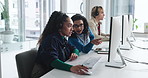 People, manager and talking with computer at call centre for help, guidance and customer service. Women, headset and pc with mentor feedback, telecom questions and problem solving advice on procedure