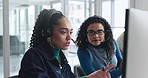 Business, women and talk with computer at call centre for help, guidance and customer service. People, headset and pc with mentor feedback, telecom questions and problem solving advice for procedure