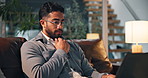 Home, thinking and man on sofa, laptop and copywriting with problem solving, email and choice. Person, freelancer and journalist on couch, computer and decision with solution, planning and creativity