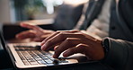Laptop, typing and hands of man on sofa in home with creative career for freelance project in living room. Computer, research and male copywriter with remote work for article publishing in apartment.