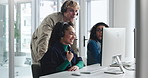 Computer, fist pump and sale with friends in call center together for achievement or congratulations. Bonus, milestone and pointing with business people in office for customer service feedback