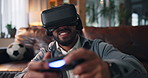 Home, vr goggles and man on couch, video game and entertainment with remote controller. Apartment, gamer or person with augmented reality, click and glasses with fantasy, playing or futuristic ux