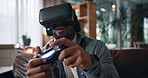 House, vr goggles and man with video game, controller and entertainment with futuristic ux. Apartment, gamer and person with augmented reality, click and glasses with fantasy, playing and esports